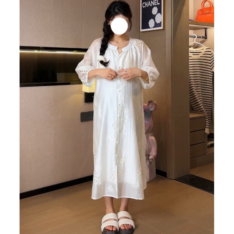 半开领2024春七分袖纯色连衣裙