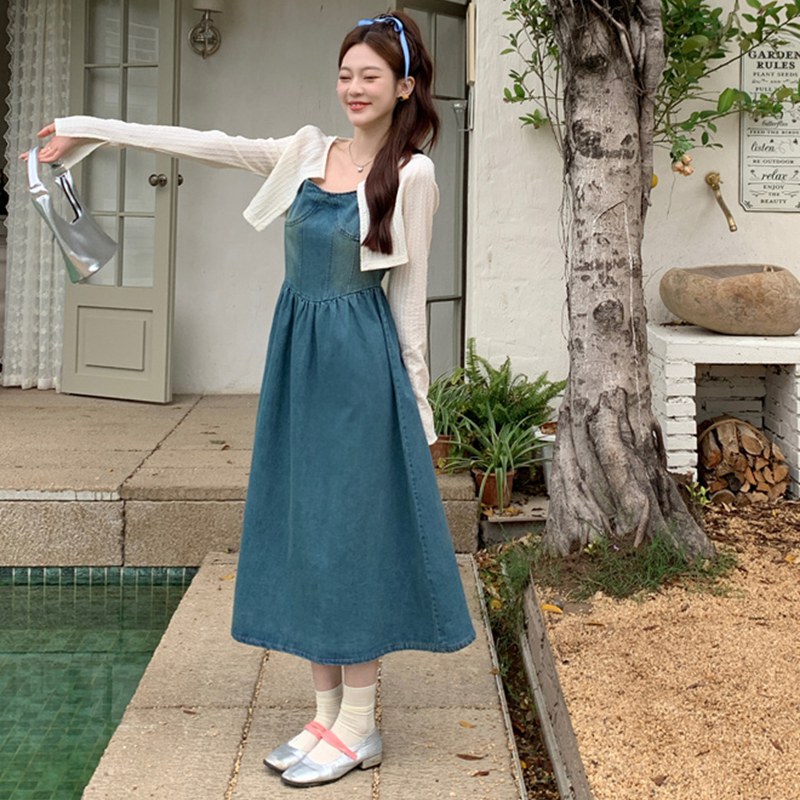 显瘦连衣裙大码开衫洋气牛仔吊带套装裙女春夏新款微胖妹妹mm针织