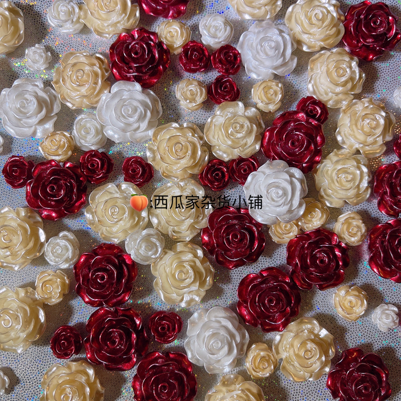 手工diy 奶油胶手机壳 饰品树脂配件 珠光玫瑰花红色香槟色花朵