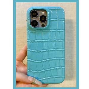 蒂芙尼蓝色鳄鱼纹头层牛皮适用iPhone14promax手机壳水湖蓝苹果15proMax真皮保护套