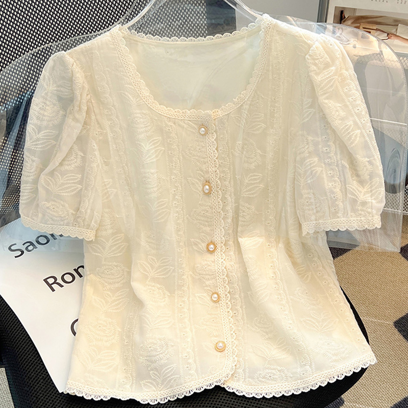法式泡泡袖蕾丝上衣女夏季2025新款气质雪纺衬衫短袖大码女装小衫