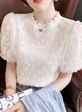 白色雪纺衬衫2024新款别致绣花蕾丝上衣女夏季短袖t恤网纱打底衫