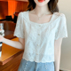 女装 新款 衬衣方领大码 女夏洋气百搭显瘦短袖 上衣 气质镂空蕾丝小衫