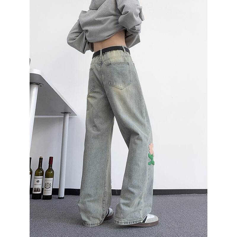 B221 美式ins高街暗黑毛巾绣宽松直筒牛仔裤 LK25497-特P45控89