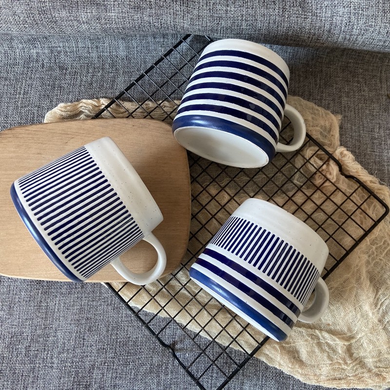 日式蓝色线条马克杯情侣杯收口咖啡杯办公室早餐杯高颜值奶茶杯