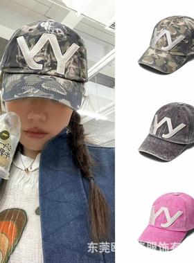 韩国openyy字母刺绣水洗做旧棒球帽男女显脸小鸭舌帽遮阳防晒帽子