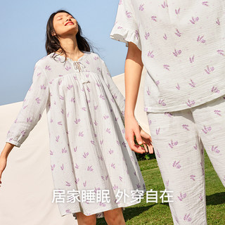 曼妮芬双层纱布纯棉家居服长袖裙装睡裙女士春秋睡衣20310786