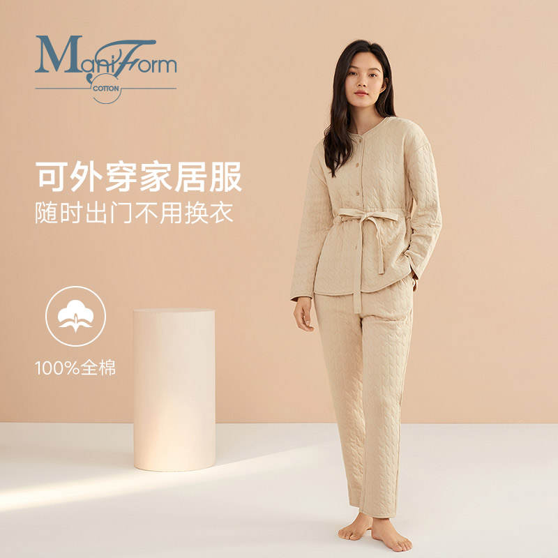 曼妮芬圆领开襟长袖系带睡衣套装