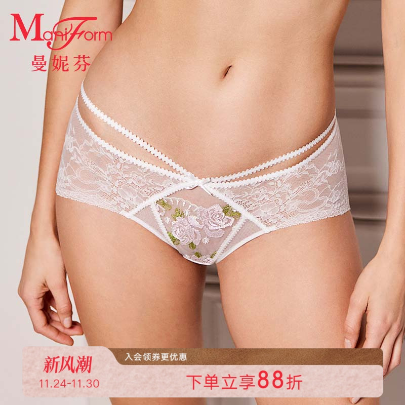曼妮芬性感蕾丝中低腰三角裤女士舒适内裤纯棉内裆底裤20640580
