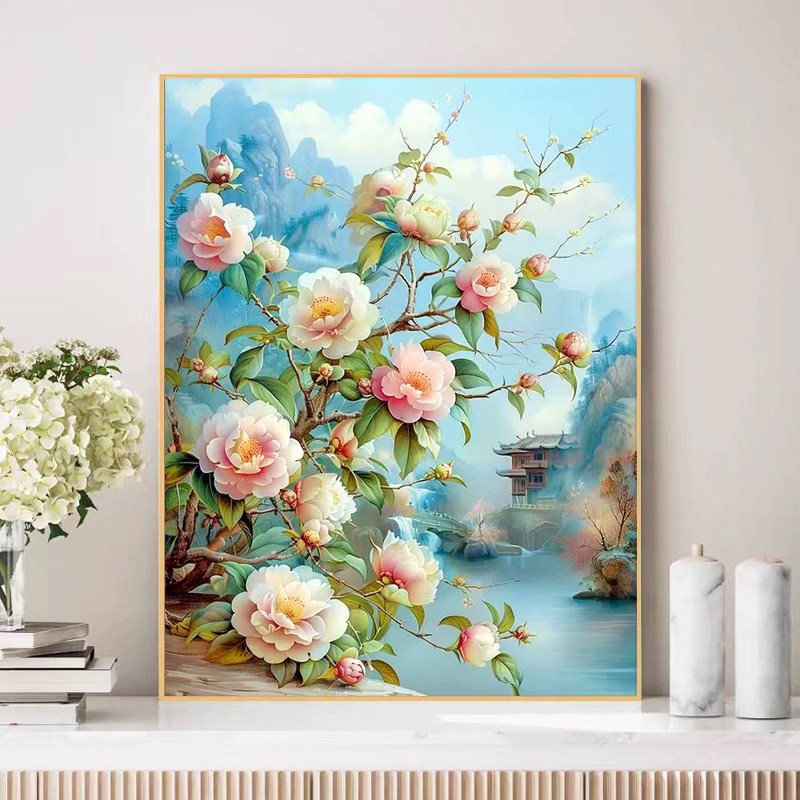 钻石绣2026新款山茶花客厅十字绣满钻植物花卉砖石画治愈系钻贴画