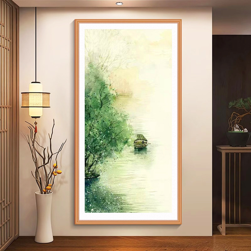 钻石画2026新款中国风暖绿色山水风景十字绣小船流水生财客厅点钻