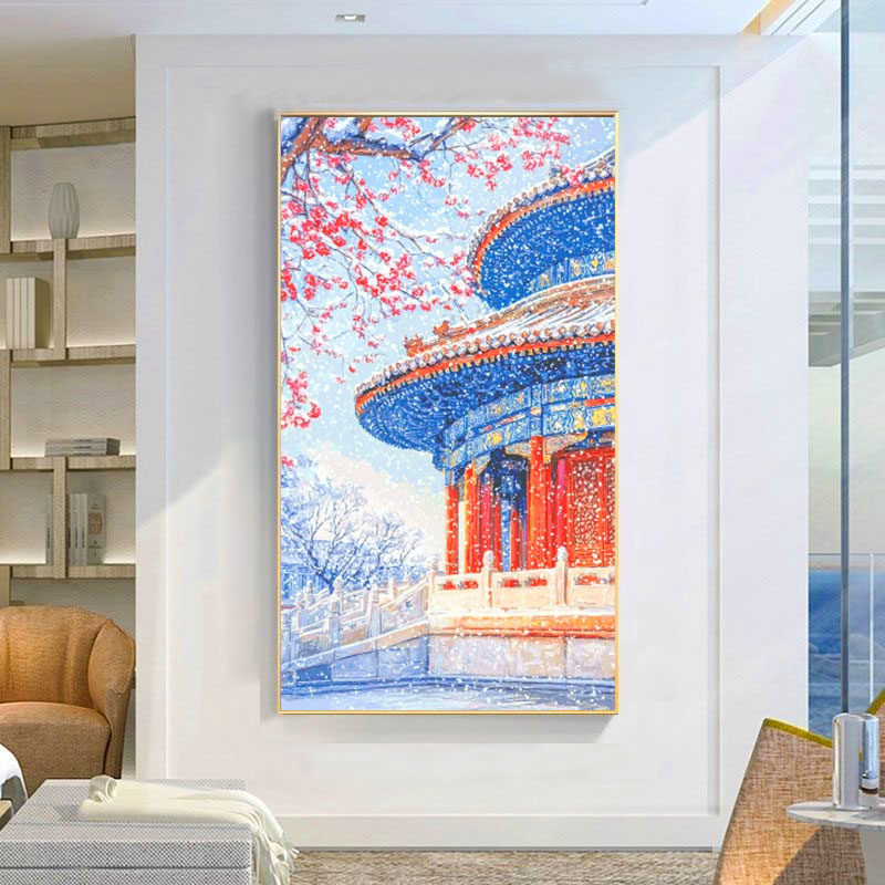 中国风钻石画2026新款客厅玄关风景十字绣满钻故宫雪景手工点钻画