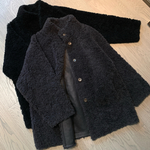 韩系羊羔毛外套女中长款秋冬季黑色立领宽松加厚皮毛一体毛绒大衣