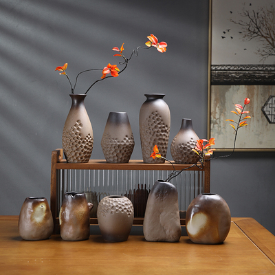 粗陶复古小花瓶中式酒店办公茶艺会所仿真秋叶禅意水培插花装饰品