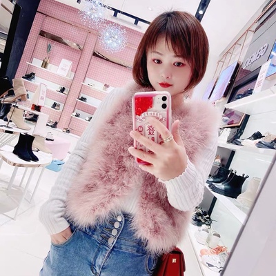 春秋新款韩版修身驼鸟毛名媛气质时尚海宁火鸡毛真毛皮草马甲背心