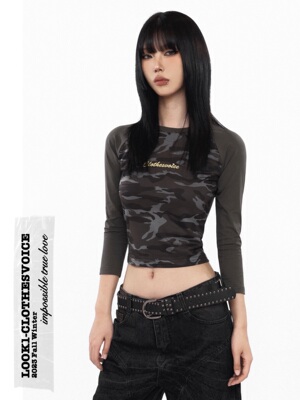 印花朋克迷彩显瘦中袖显瘦T恤