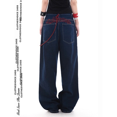 朋克刺绣复古水洗直筒牛仔裤