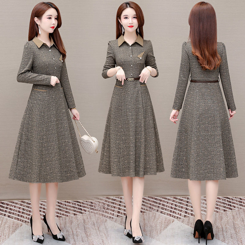 贵夫人连衣裙收腰2025年新款春秋高端大气洋气减龄衬衣领长袖裙子