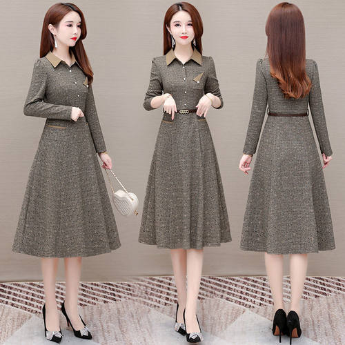 贵夫人连衣裙收腰2025年新款春秋高端大气洋气减龄衬衣领长袖裙子