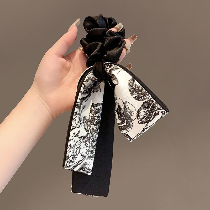 国潮水墨画花朵蝴蝶结飘带发圈