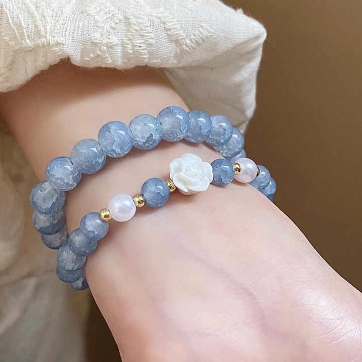 丨一折专区丨品牌撤柜丨小清新蓝色山茶花珍珠琉璃串珠手链气质