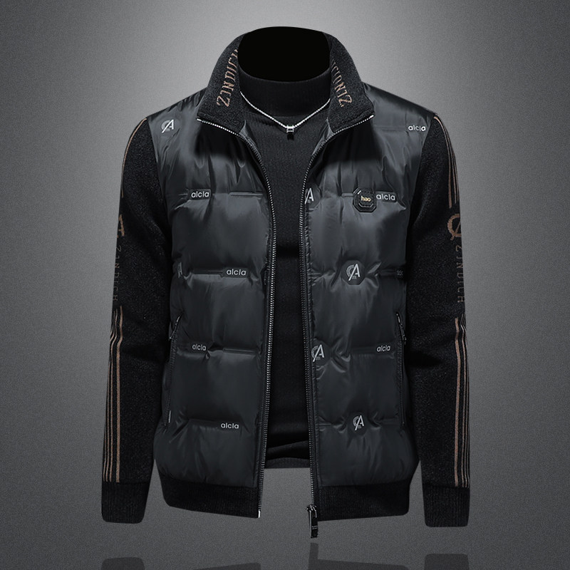 白鸭绒保暖防风外穿2025冬季男士立领针织拼接羽绒服外套高品质帅