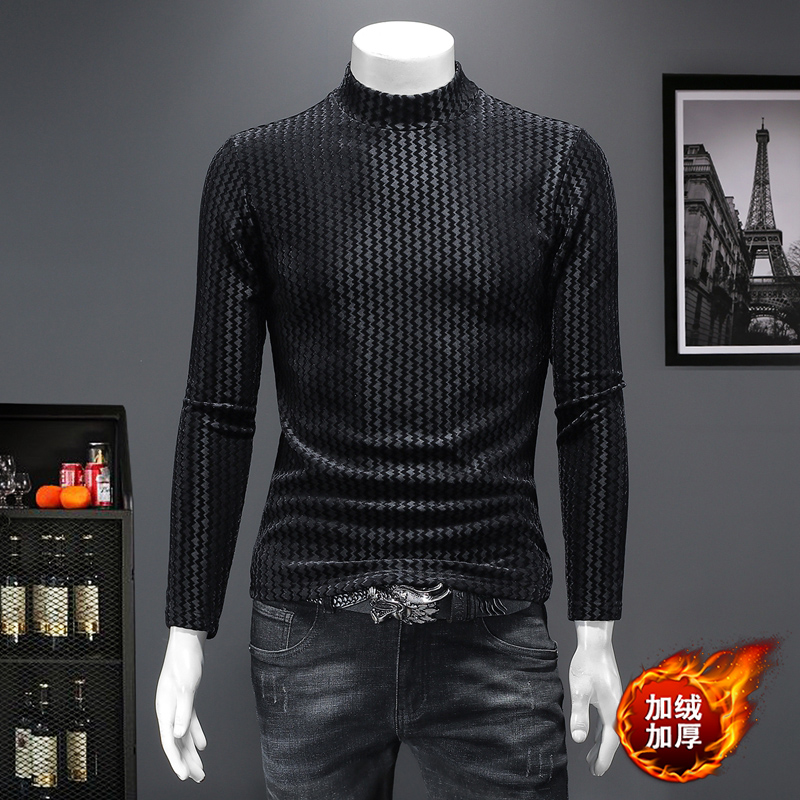 冬季新款潮流加绒加厚半高领男士长袖T恤打底衫修身韩版时尚上衣
