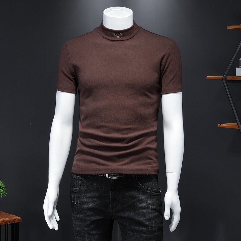 2021 남성용 하프 터틀넥 반팔 티셔츠 잘 생긴 트렌디 브랜드 꿀벌 스팽글 바닥 셔츠 두꺼운면 미드 칼라 티셔츠