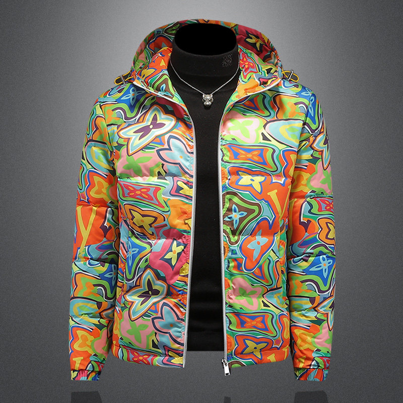 大牌风潮流冬季新款男士羽绒服连帽加厚青年满印花羽绒外套白鸭绒