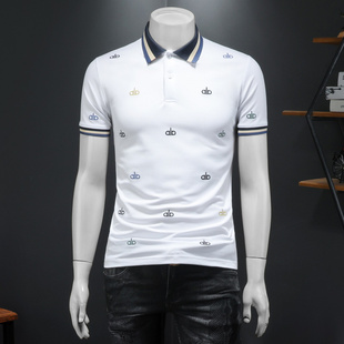 夏季新款POLO衫满刺绣小衫修身短袖男士T恤印花撞色翻领休闲商务