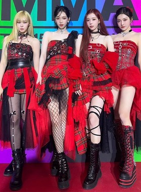 女团宁艺卓同款打歌服女drama红色格子抹胸蓬蓬连衣裙演出服