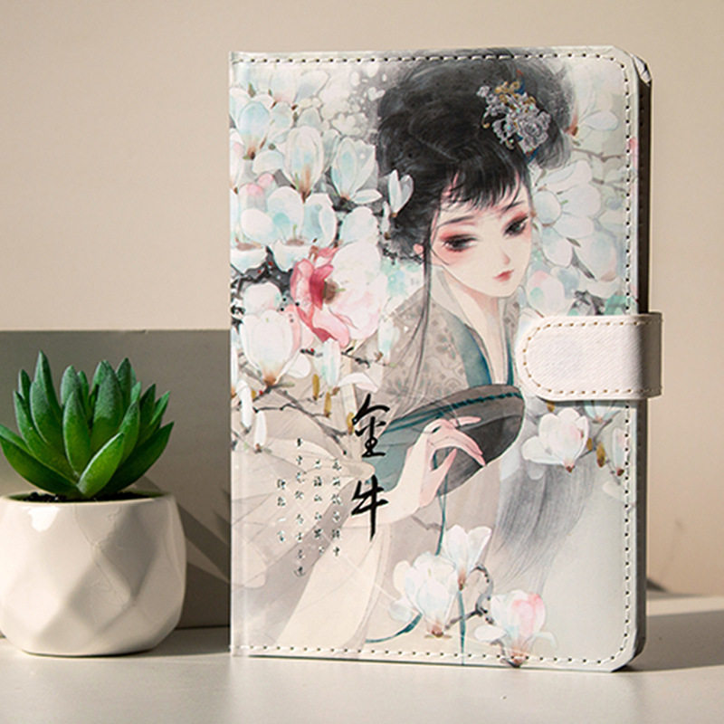 A5INS 걸리 하트 PU 가죽 풀 컬러 페이지 복고풍 중국어 고대 스타일 12 별자리 자기 버클 핸드 원장 노트