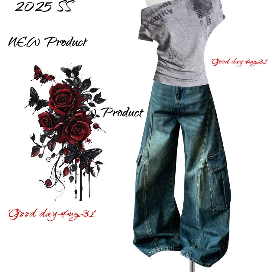 大码美式复古弯刀牛仔裤