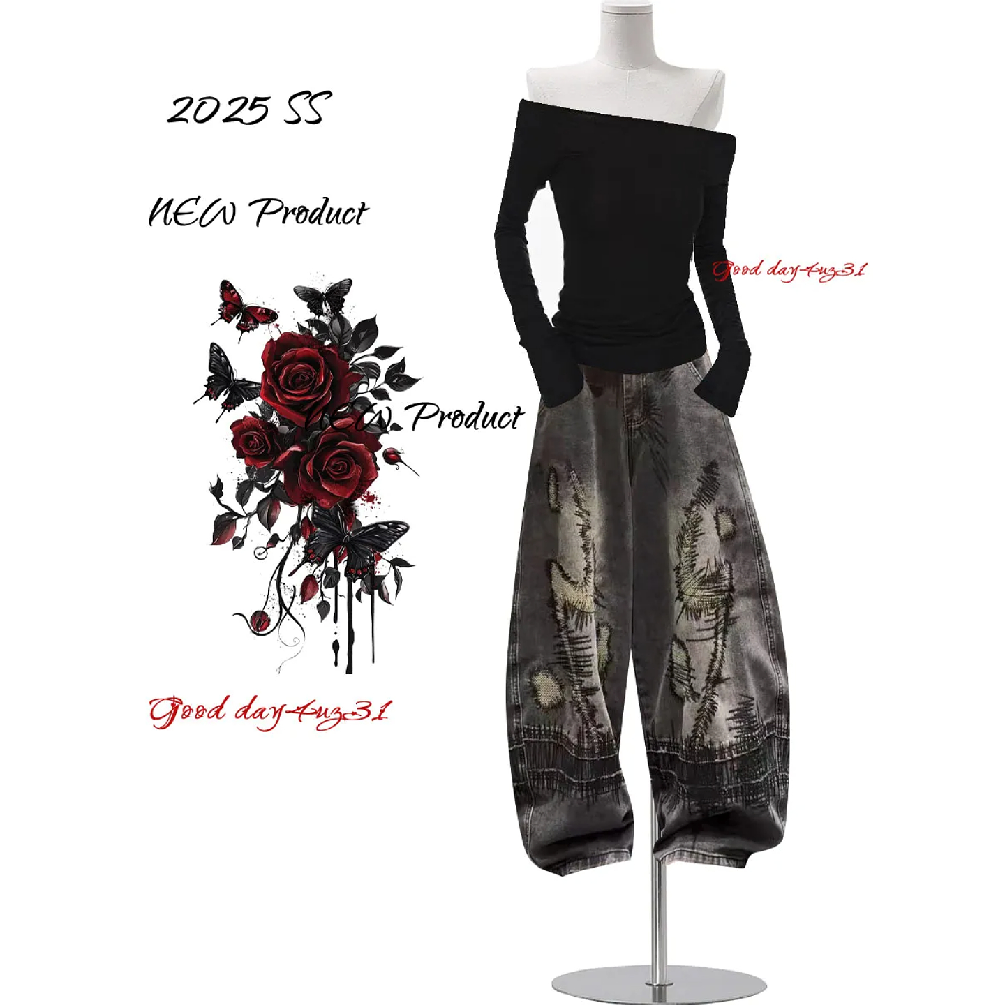 大码美式复古脏乱针补丁牛仔裤