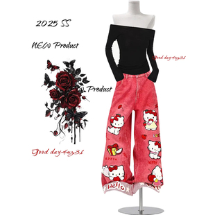 大码美式复古可爱卡通猫咪刺绣牛仔裤女春夏季新款高街百搭阔腿裤