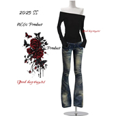 美式 街头个性 复古做旧微喇牛仔裤 大码 女春季 新款 低腰设计显瘦长裤