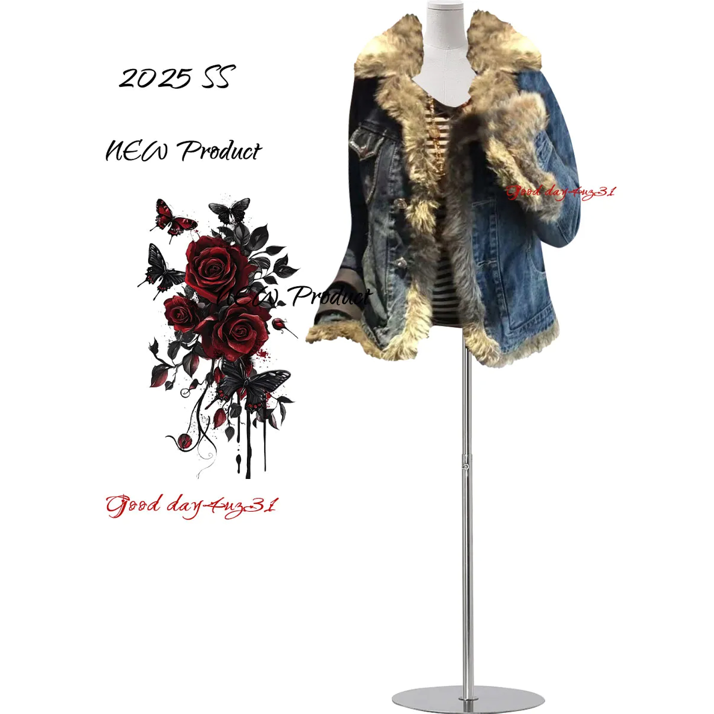 大码美式复古毛领拼接牛仔外套