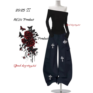 美式 街头宽松设计感弯刀裤 复古十字架刺绣牛仔裤 新款 女秋冬季 大码