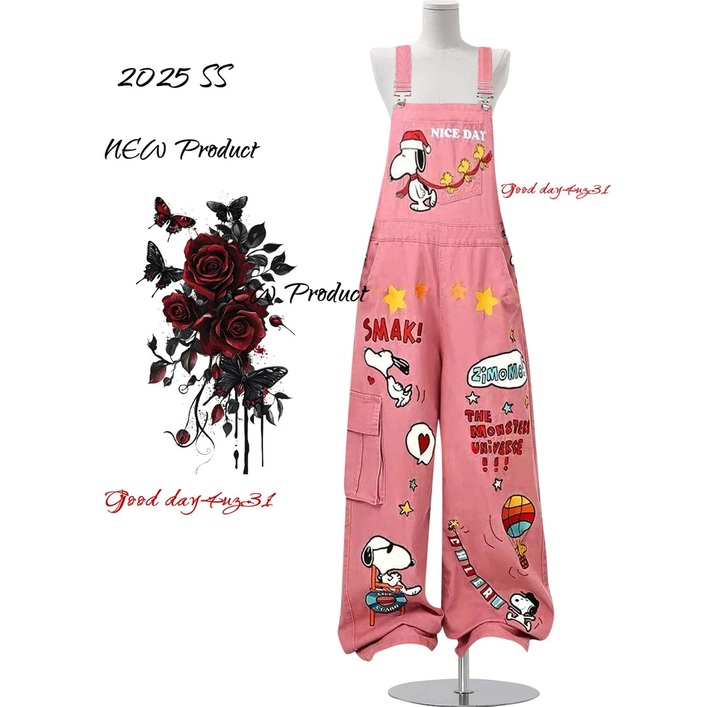 大码美式复古卡通刺绣牛仔背带裤女2026新款街头设计感连体阔腿裤