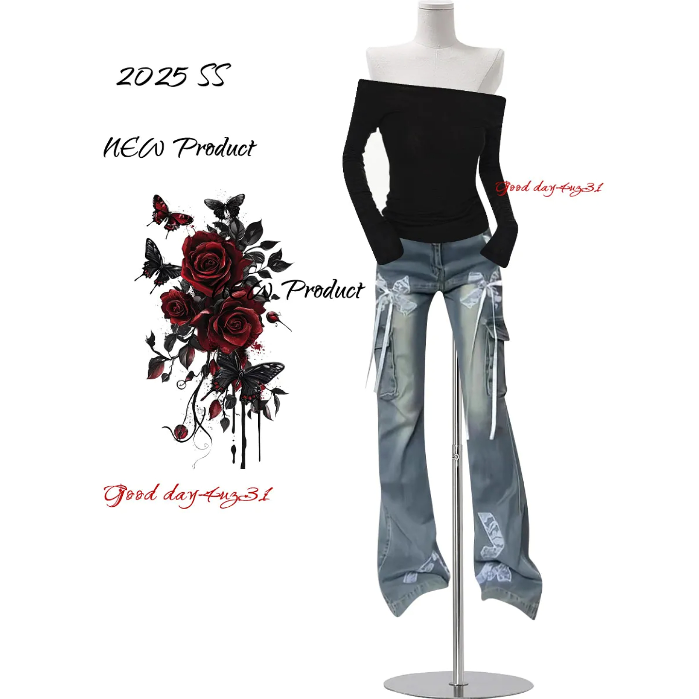 复古蝴蝶结蕾丝绑带微喇牛仔裤女