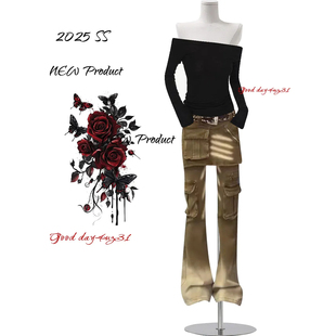 美式 街头设计喇叭长裤 复古假两件拼接微喇牛仔裤 新款 女秋冬季 大码