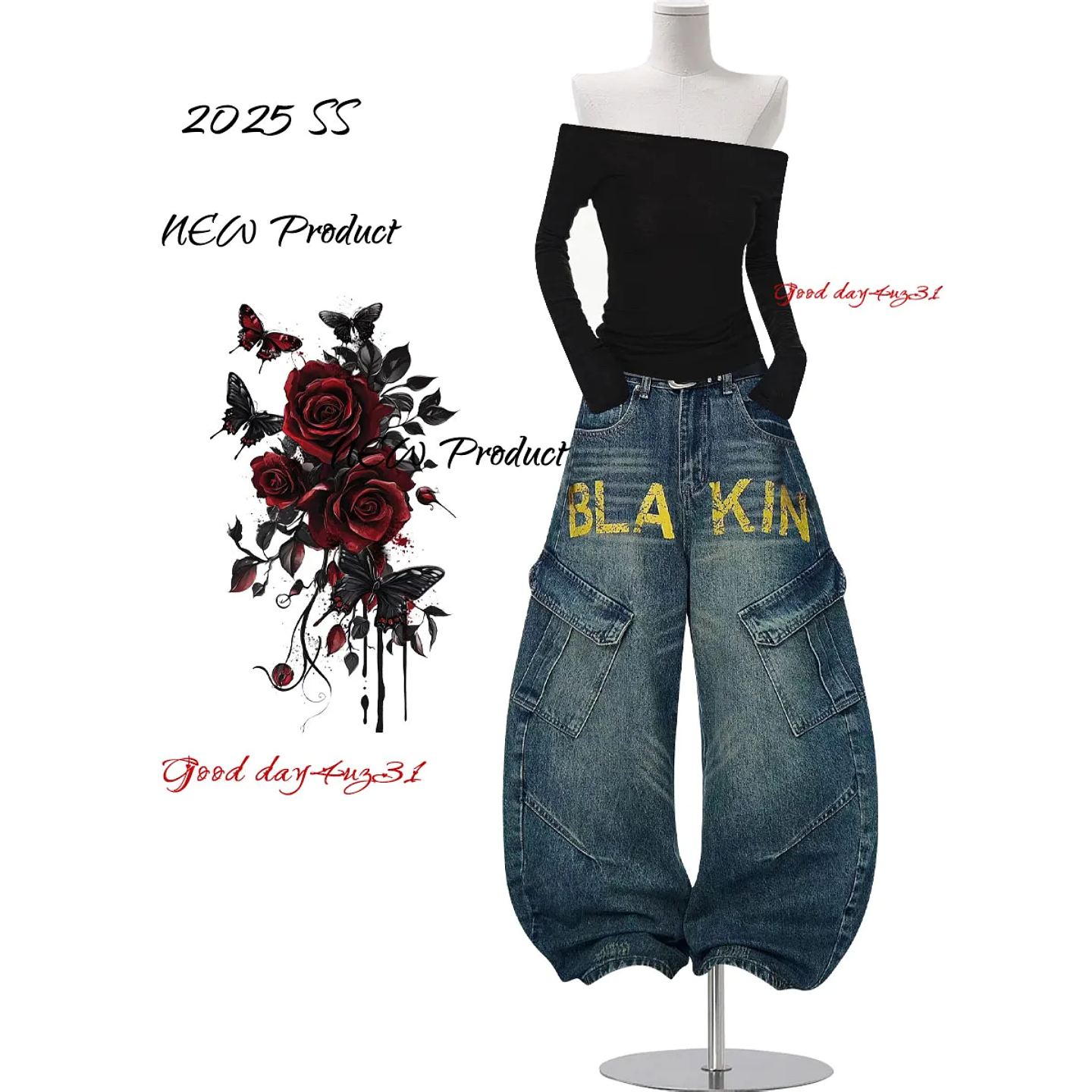 大码美式复古字母印花弯刀牛仔裤