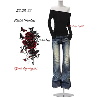 美式 街头低腰弹力长裤 复古钉珠十字架微喇牛仔裤 新款 女秋冬季 大码