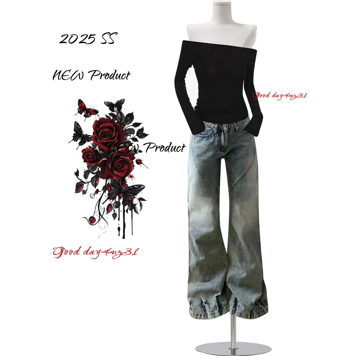 大码美式复古闪电纹牛仔裤