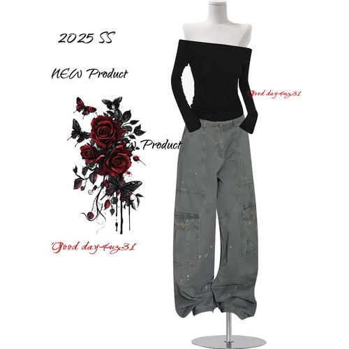 大码美式复古泼墨多口袋牛仔裤