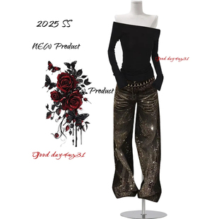 美式 街头宽松显瘦长裤 复古做旧烫钻设计感牛仔裤 新款 女秋冬季 大码