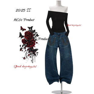 美式 街头穿搭宽松弯刀裤 复古口袋刺绣设计感牛仔裤 新款 女秋季 大码