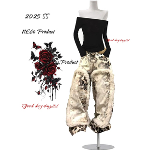 美式 街头铆钉设计阔腿长裤 复古水洗毛绒拼接牛仔裤 新款 女秋季 大码