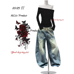 美式 街头宽松设计感长裤 复古水洗做旧泼墨牛仔裤 新款 女秋冬季 大码