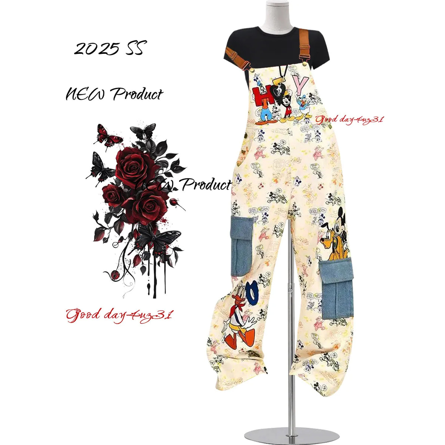 大码美式复古字母卡通印花牛仔背带裤女2026新款宽松减龄连体裤潮